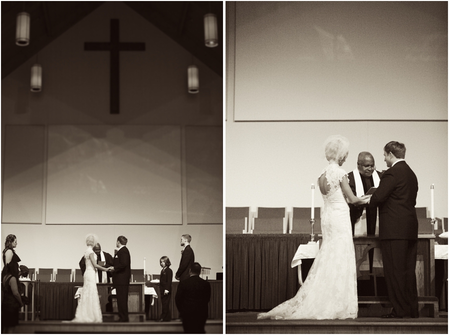 bride and groom making their vows at the alter, vintage wedding photographers, raleigh nc