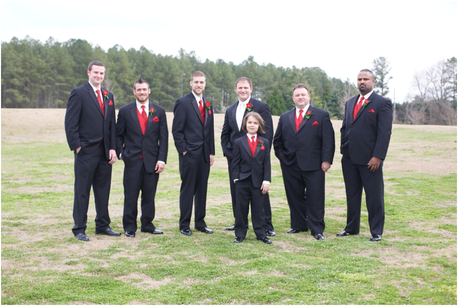 groomsmen in black suits and red ties, highgrove wedding