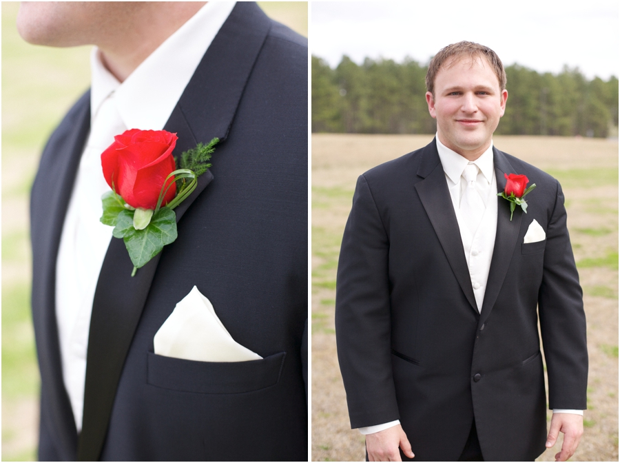 groom's fresh red rose boutonniere, grooms portrait photography