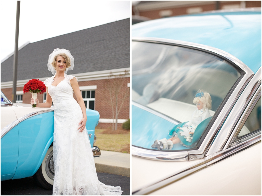 bride with a light blue vintage ford, doll in the back of a vintage ford