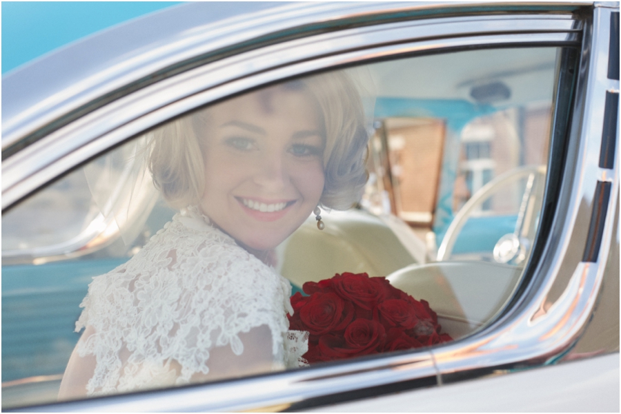 bride in vintage ford, southern bridal portrait photography