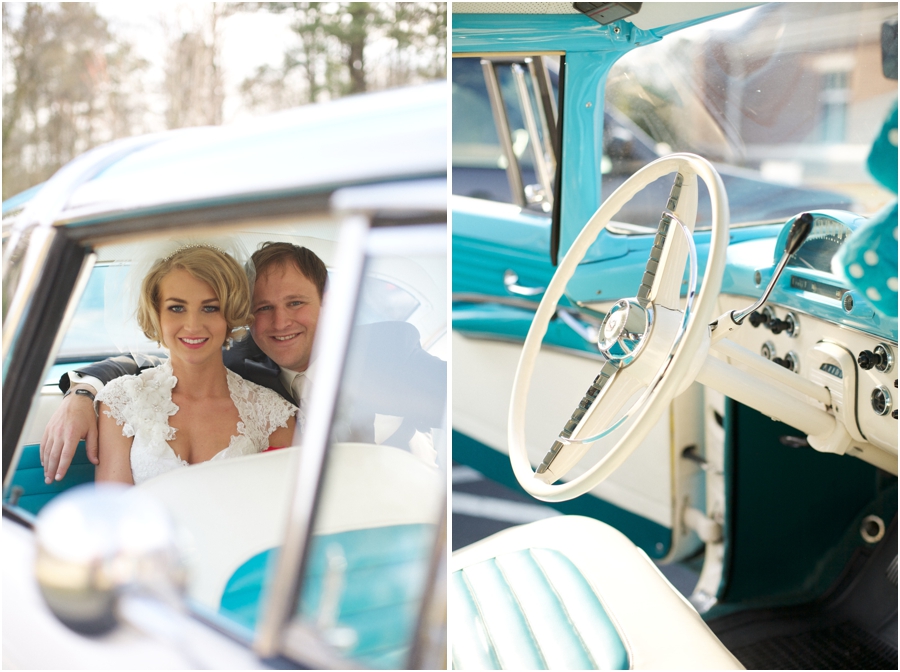 newly married couple in vintage ford, interior of light blue vintage ford
