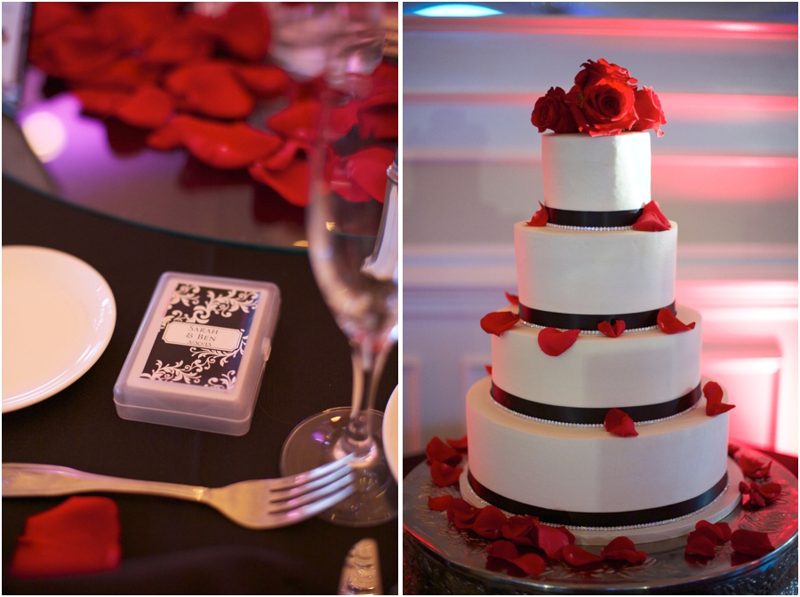 wedding favors at southern high grove wedding reception, elegant white wedding cake with black accents and red roses