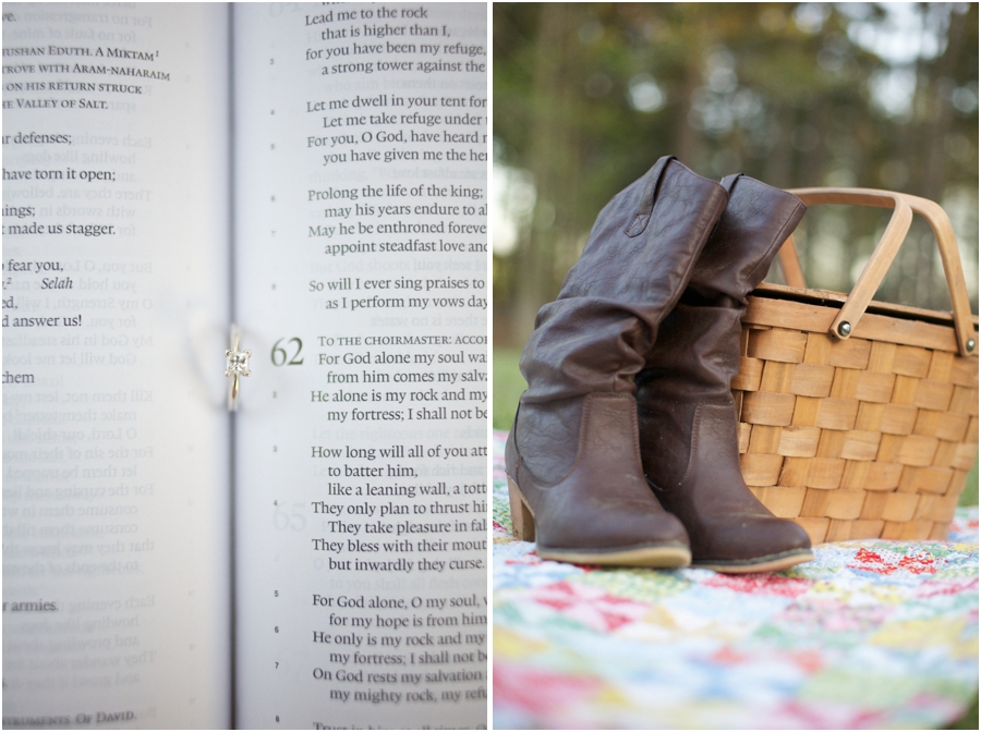 cute ring shot ideas, engagement ring on open bible, country picnic engagement photography