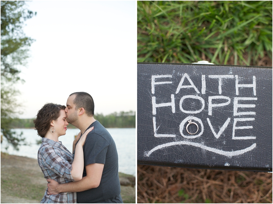 southern engagement portraits, cute ring shot ideas, engagement ring on a sign, faith hope love