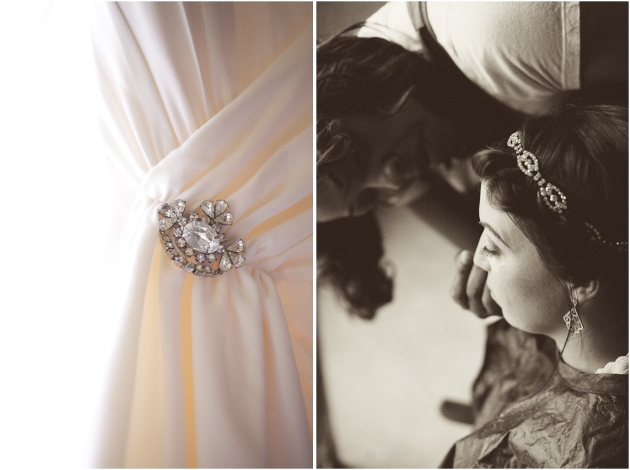 rhinestone brooch on beautiful wedding dress, bride getting her make up done