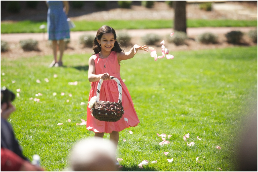 flower girl in a cute pink dress, outdoor wedding photography