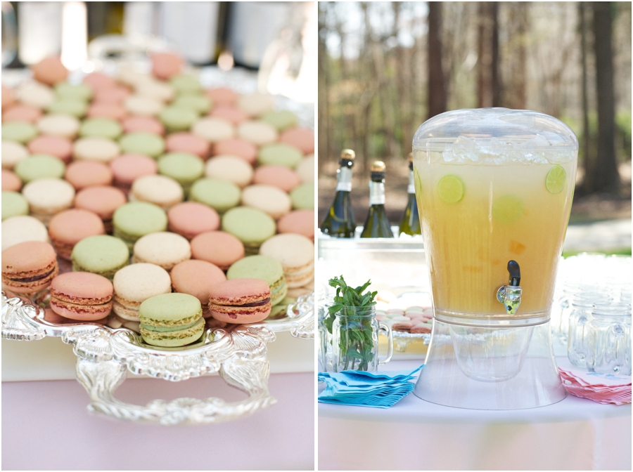 colorful macaroons and mint-topped grapefruit juice with champagne at outdoor wedding reception