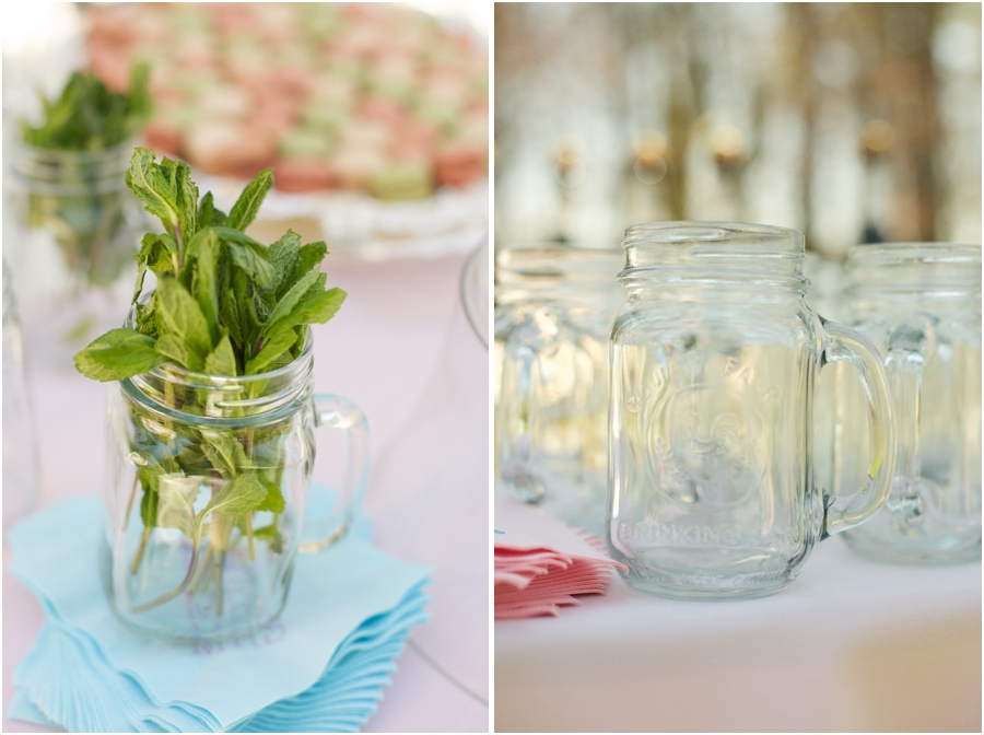 mint sprigs in a glass mason jar, southern backyard wedding reception