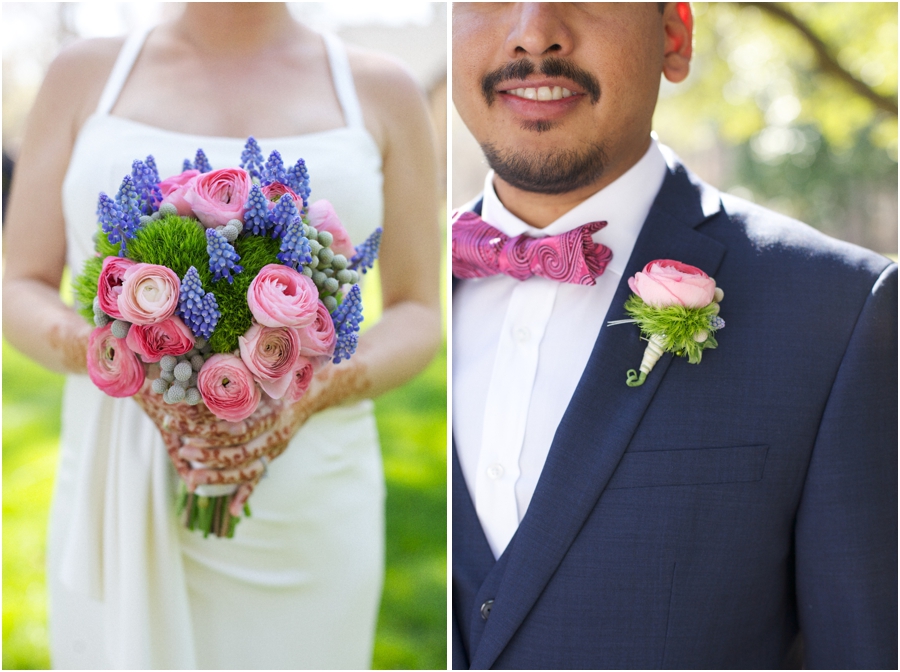 blush pink, lavender, and mint green bridal bouquet and boutonniere