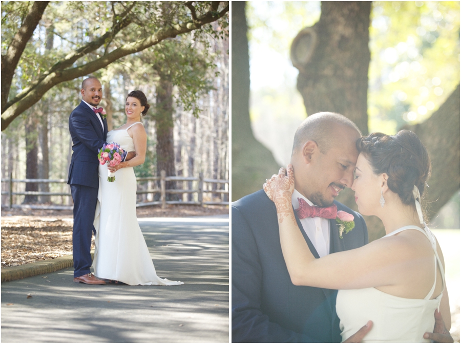 sunlit wedding portraits, raleigh nc rustic wedding photographers