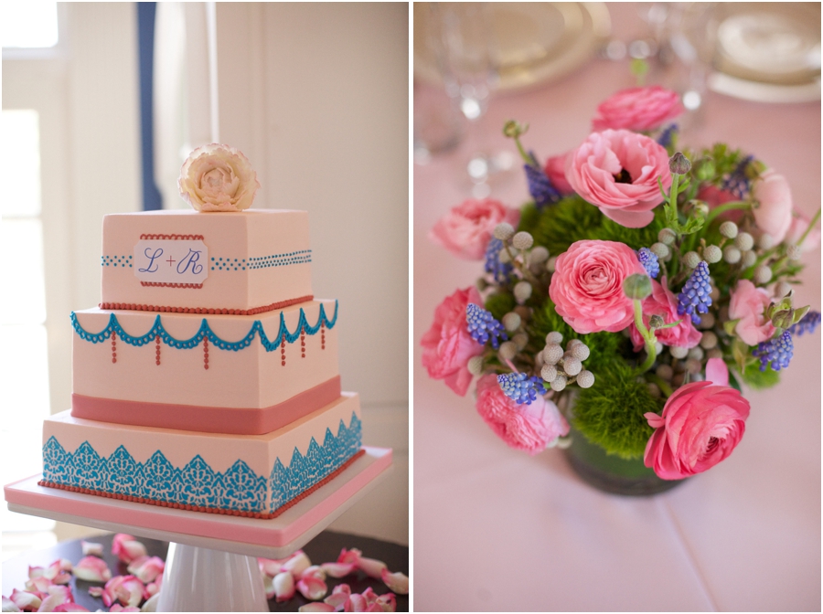 wedding cake from Ashley Cakes, blush pink, lavender, and mint green fresh floral centerpieces