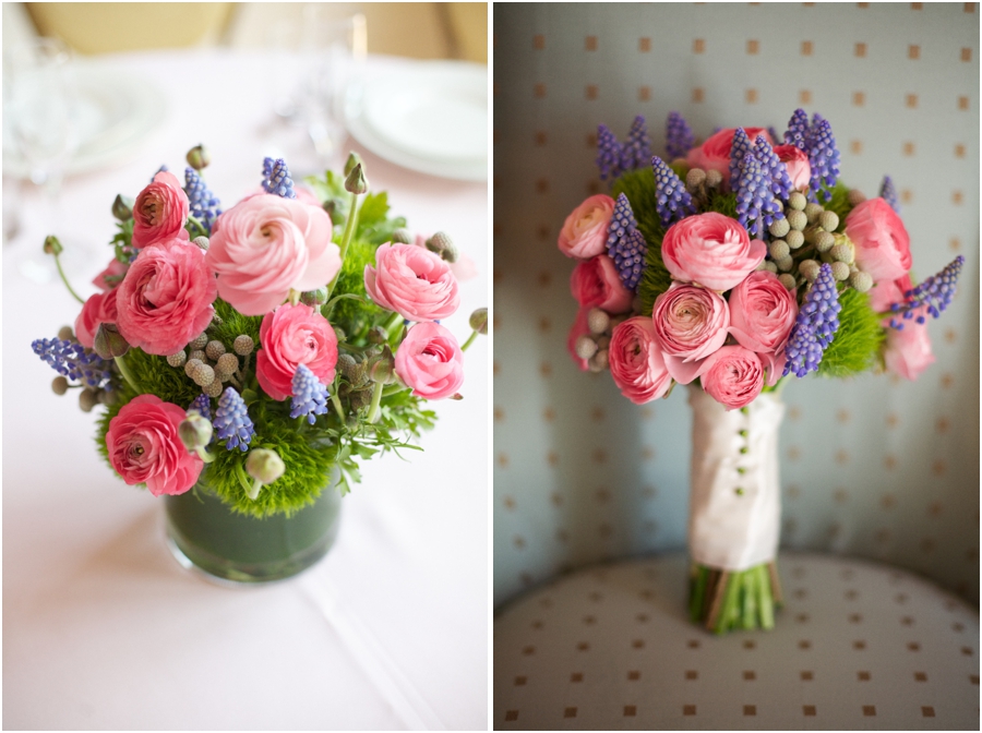 blush pink, lavender, and mint green fresh floral centerpiece and bridal bouquet from A Ming Rose Florist 
