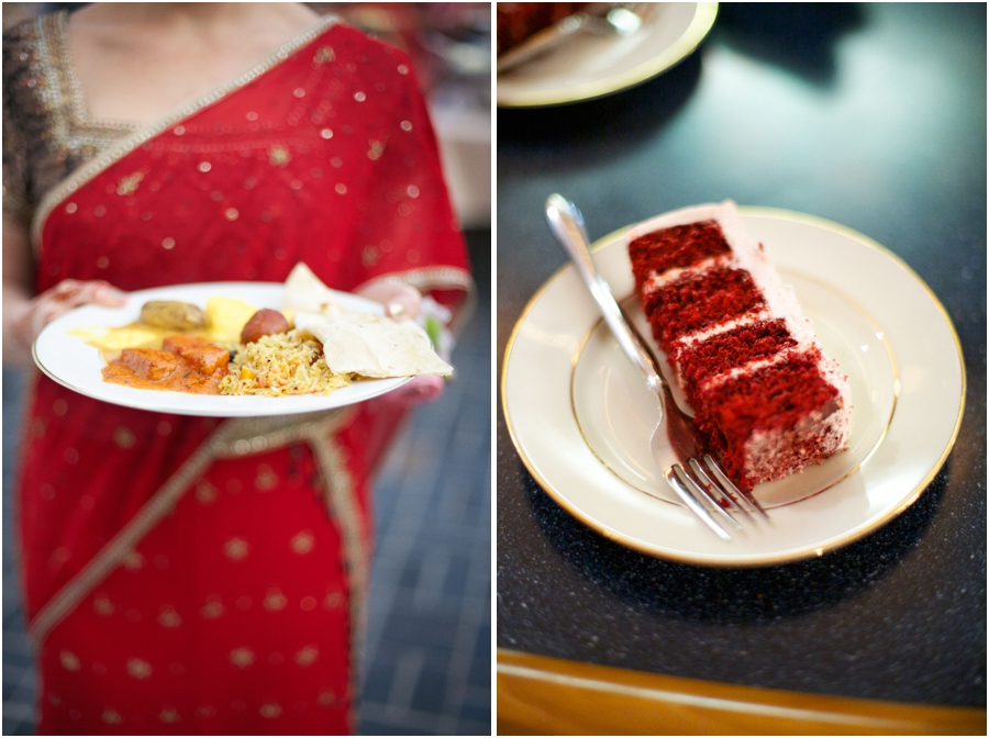 guest holding a plate of traditional indian foods, a slice of red velvet wedding cake