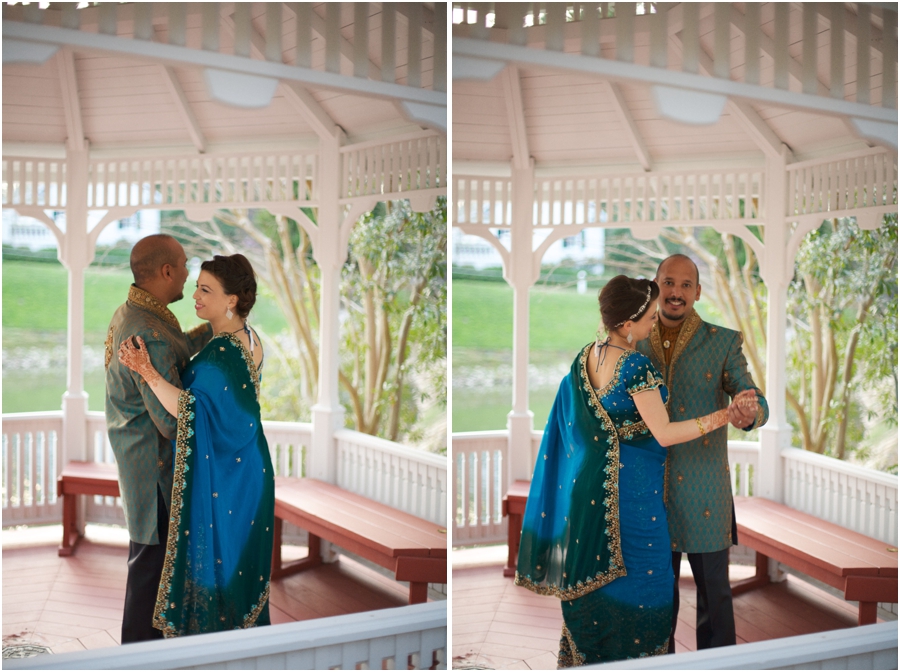 bride and groom dancing in a gazebo by the waterside, romantic backyard wedding photography