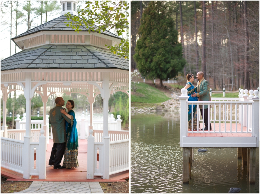 intimate garden wedding photography, bride and groom dancing in a gazebo by the waterside
