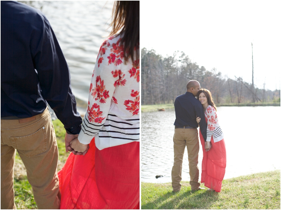 couple holding hands by the lake at cloer vineyards, maternity engagement photographers, raleigh nc