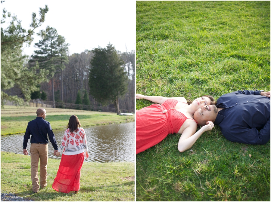 couple holding hands by the lake at cloer vineyards, unique engagement poses 