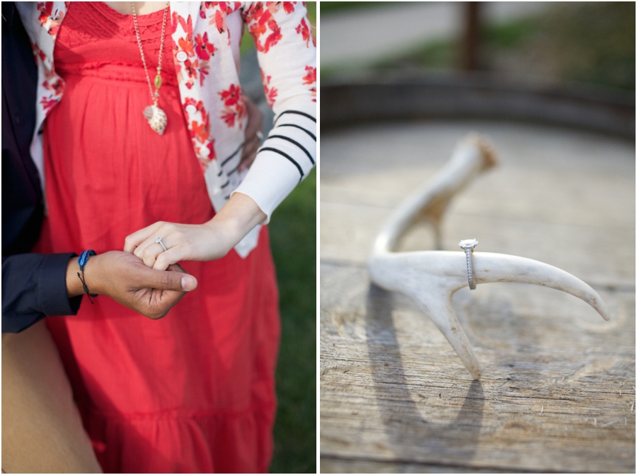 unique ringshot ideas, couple holding hands and engagement ring on deer antler