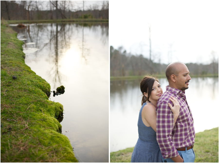 moss around the edge of lake at cloer vineyards, unique engagement photography, raleigh nc