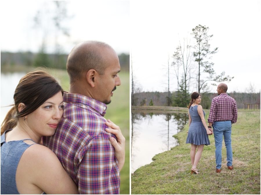 southern engagement photographers, couple holding hands by the lake at cloer vineyards