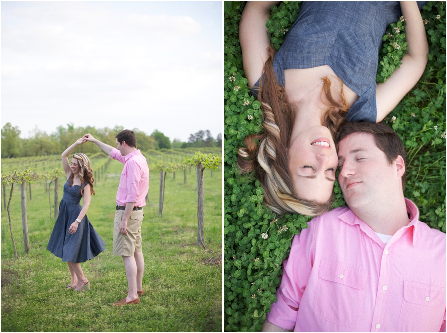 couple dancing at gregory vineyards, romantic spring engagement photography