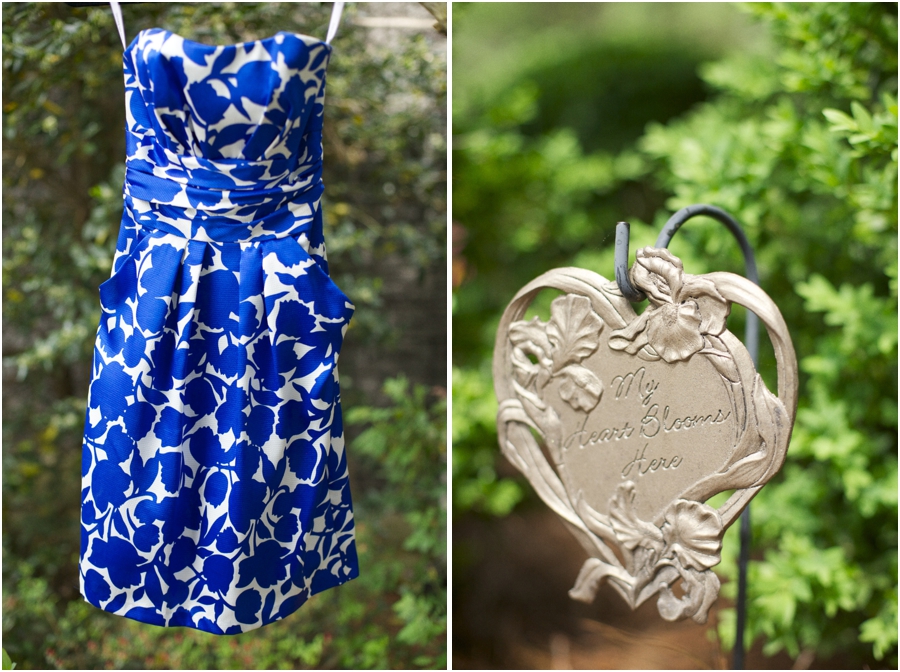 blue and white patterned strapless bridesmaid gown with pockets, romantic garden wedding photography