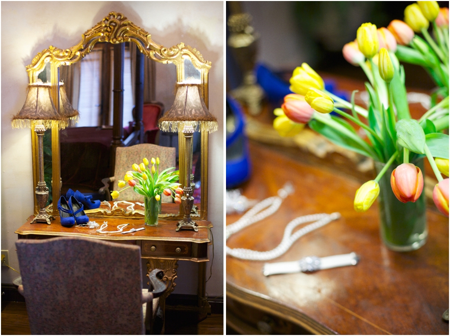 bridal jewelry on vintage dresser, yellow and orange tulips