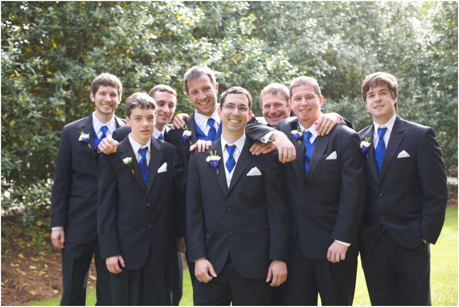 groomsmen photography, groom and groomsmen in black suits and blue ties from men's wearhouse