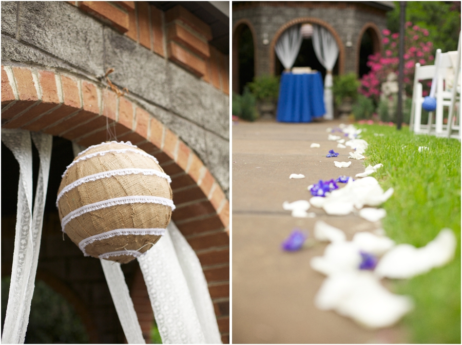 rustic wedding decor, southern garden wedding photography, blue and white flower petals up the aisle 
