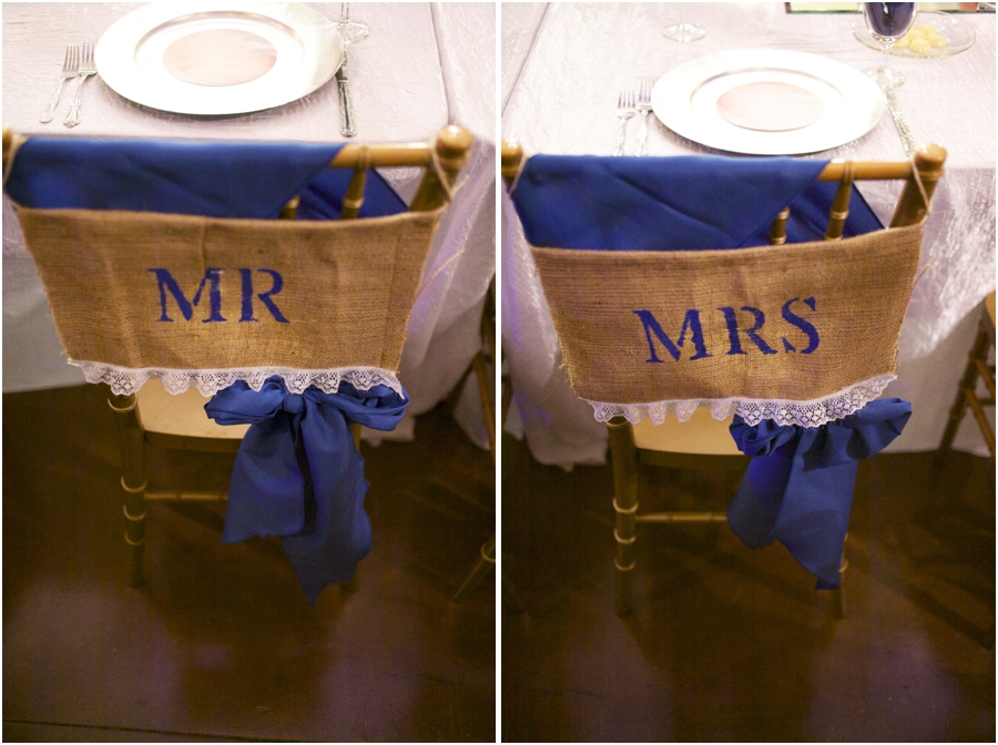 rustic wedding reception ideas, mr. and mrs. seats decorated with burlap and lace