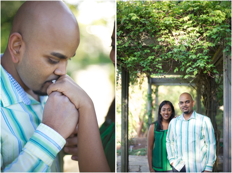 romantic engagement portrait poses, garden couple's photography 