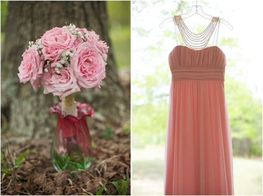 fresh flower bridal bouquet, peach bridesmaid dresses from David's Bridal