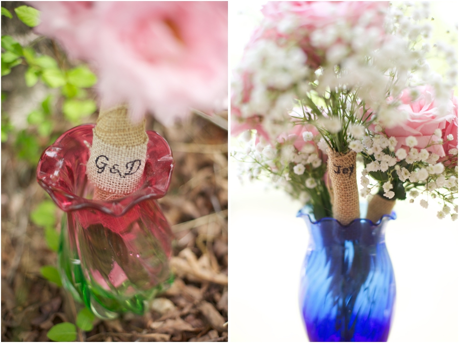 diy rustic bridal bouquets wrapped with burlap embroidered with bride and groom's initials, baby's breath and blush pink fresh flower bridal bouquets