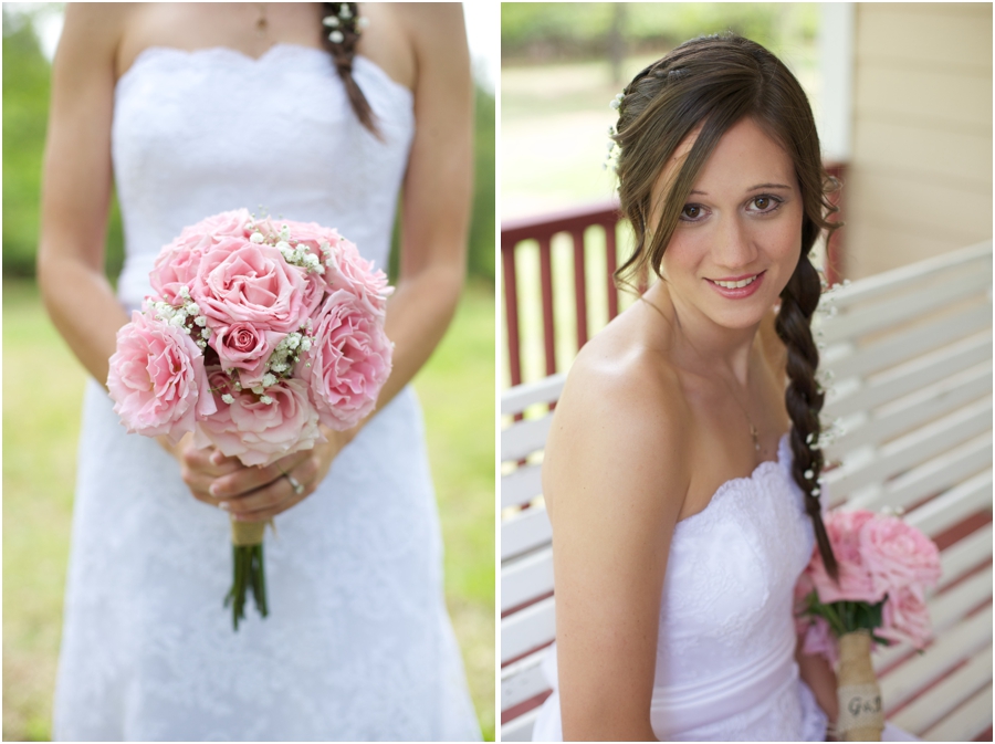 diy bridal bouquet made with baby's breath and blush pink roses, southern bridal makeup