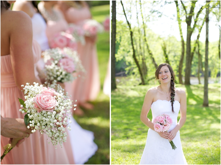 southern weddings, bridesmaids in blush pink dresses holding diy fresh flower bouquets, spring wedding photography