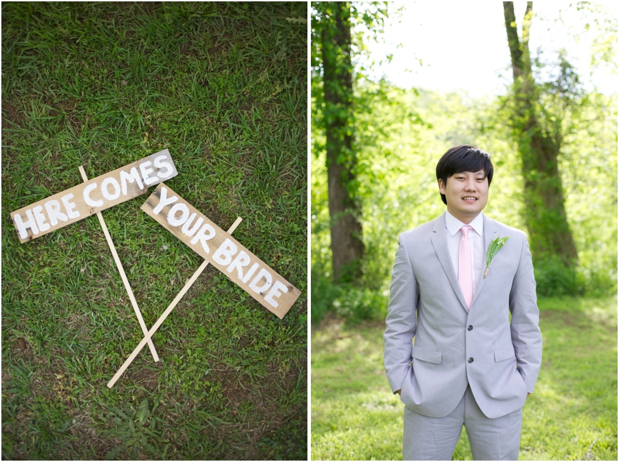 rustic wedding inspiration, 'here comes your bride' painted on wood signs, groom's portraits