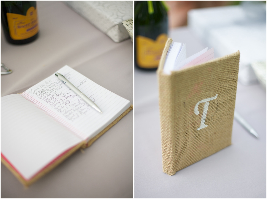 cute rustic guestbook ideas, burlap covered notebook with couple's last initial