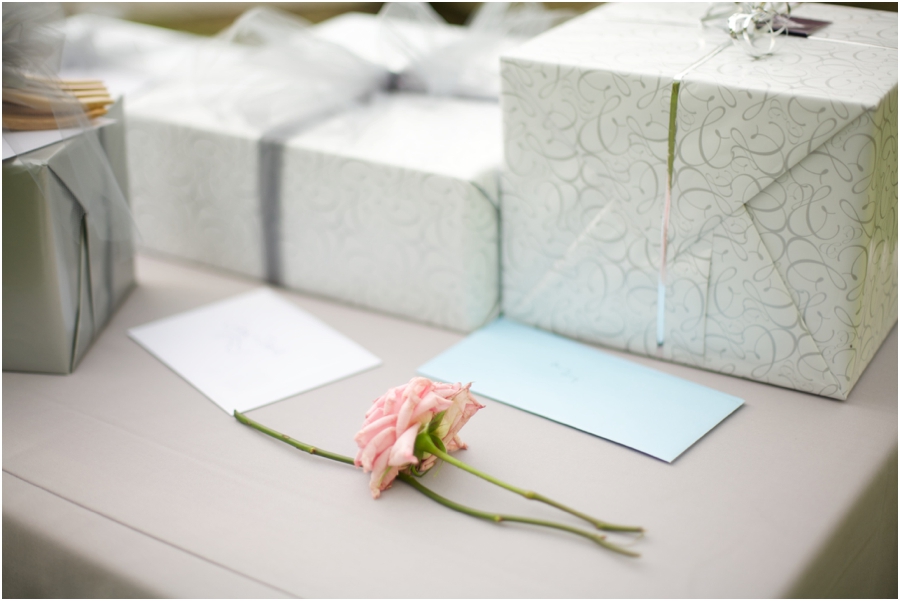 long-stemmed pink rose on gift table, southern wedding photography  