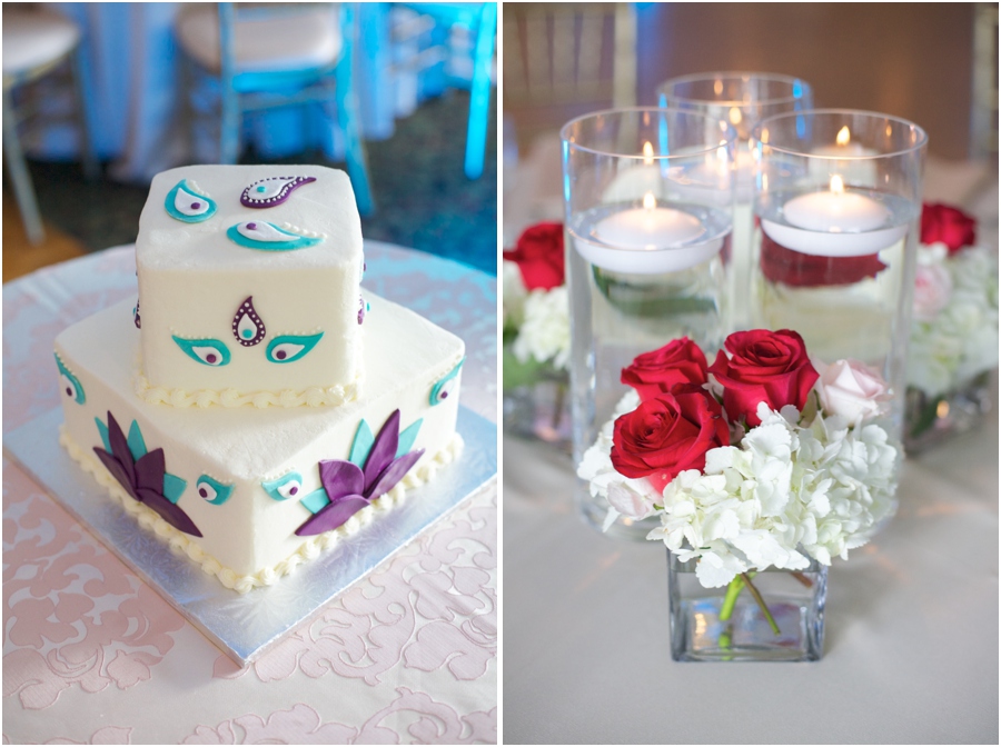 cream, blue, and purple wedding cake from Bake My Day, elegant table centerpieces, southern wedding photographers