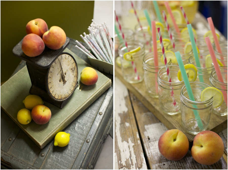 vintage scale at Simply Put Vintage warehouse party, lemonade served with lemon slices and paper straws in small mason jars, vintage antique rentals, vintage wedding photographers
