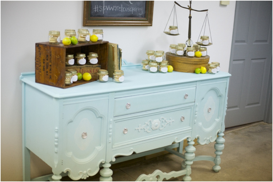 favors on light blue vintage dresser, vintage wedding photographers