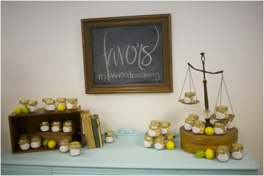 favors at simply put vintage warehouse party, raleigh nc vintage rentals