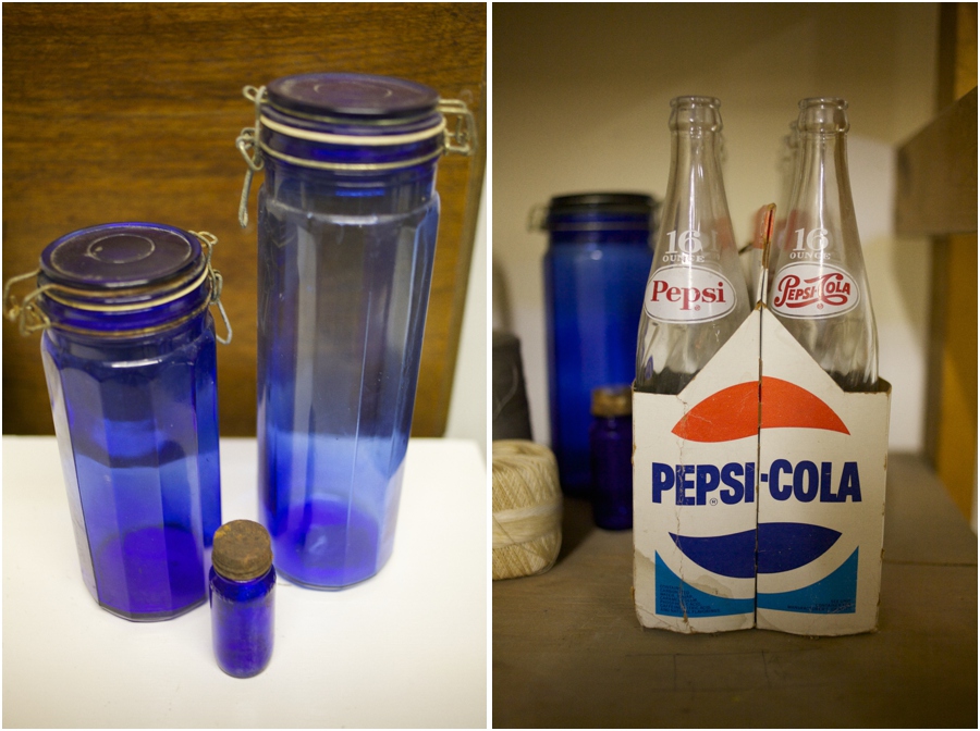 vintage blue glass jars, vintage glass pepsi-cola bottles, vintage wedding photography