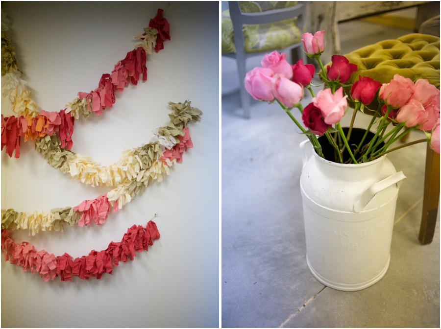 colorful bunting decorations, pink and red roses in vintage milk bucket, vintage wedding photographers