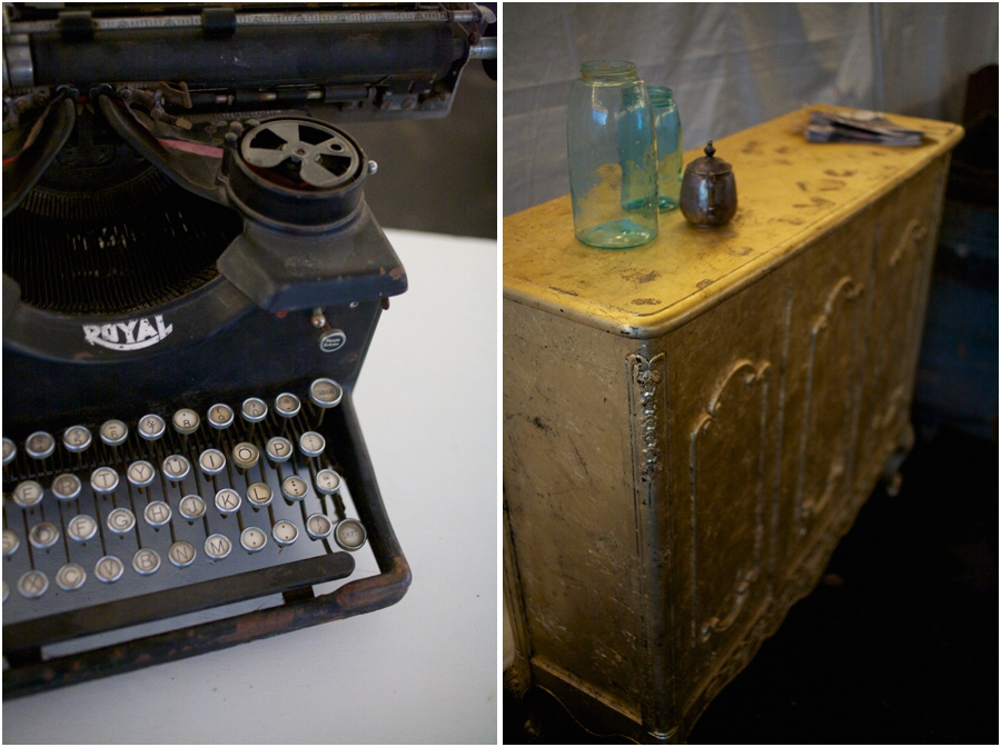 vintage royal typewriter, vintage gold side table, vintage wedding decor rentals, vintage wedding photographers