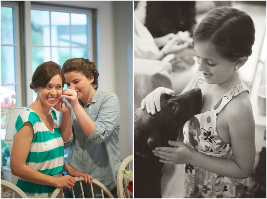 bride getting ready, junior bridesmaid with family dog, vintage wedding photographers