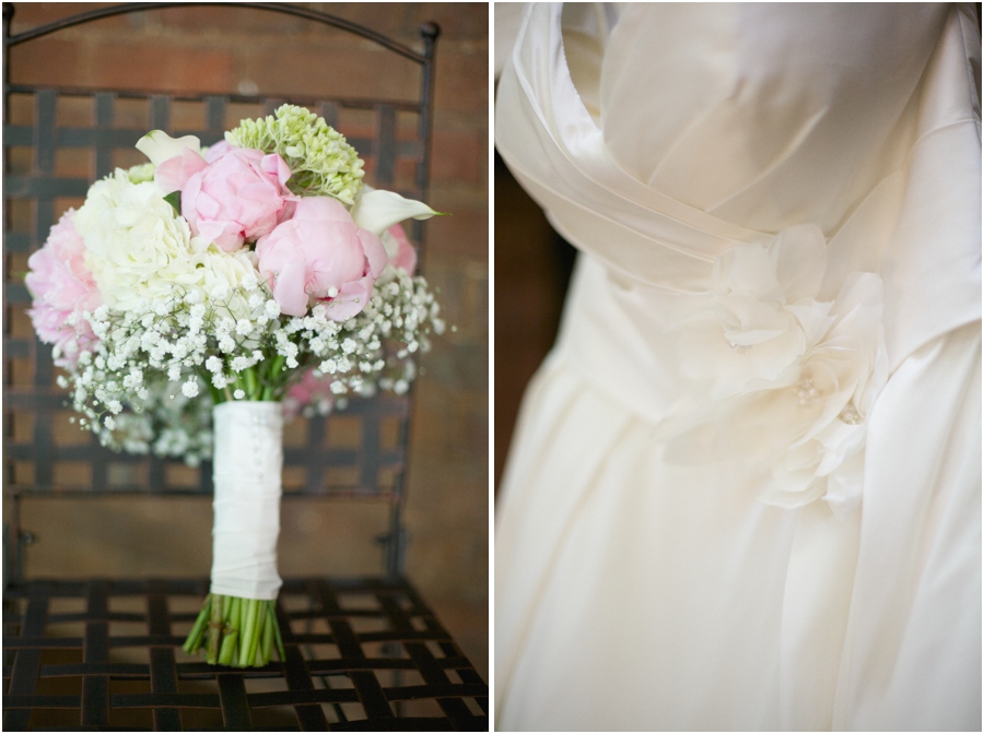 fresh bridal bouquet with peonies, hydrangea, calla lilies, and baby's breath, beautiful details on bride's wedding dress