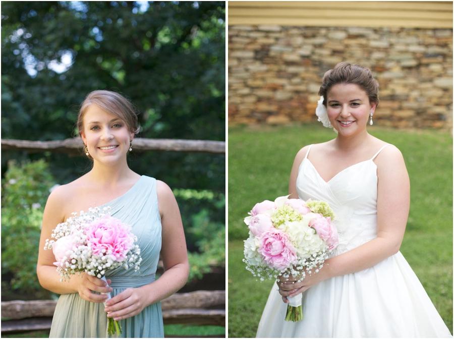 bridesmaid in light green one shoulder dress from J. Crew, wedding dress from Diva's Bridal Boutique