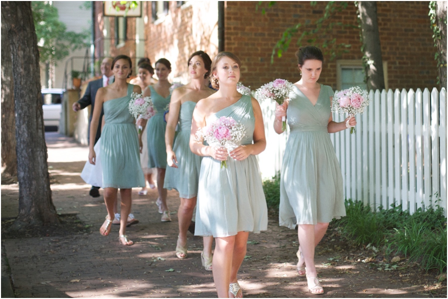 bridesmaids walking through old salem, southern wedding color schemes, light green and pink, southern wedding photographers